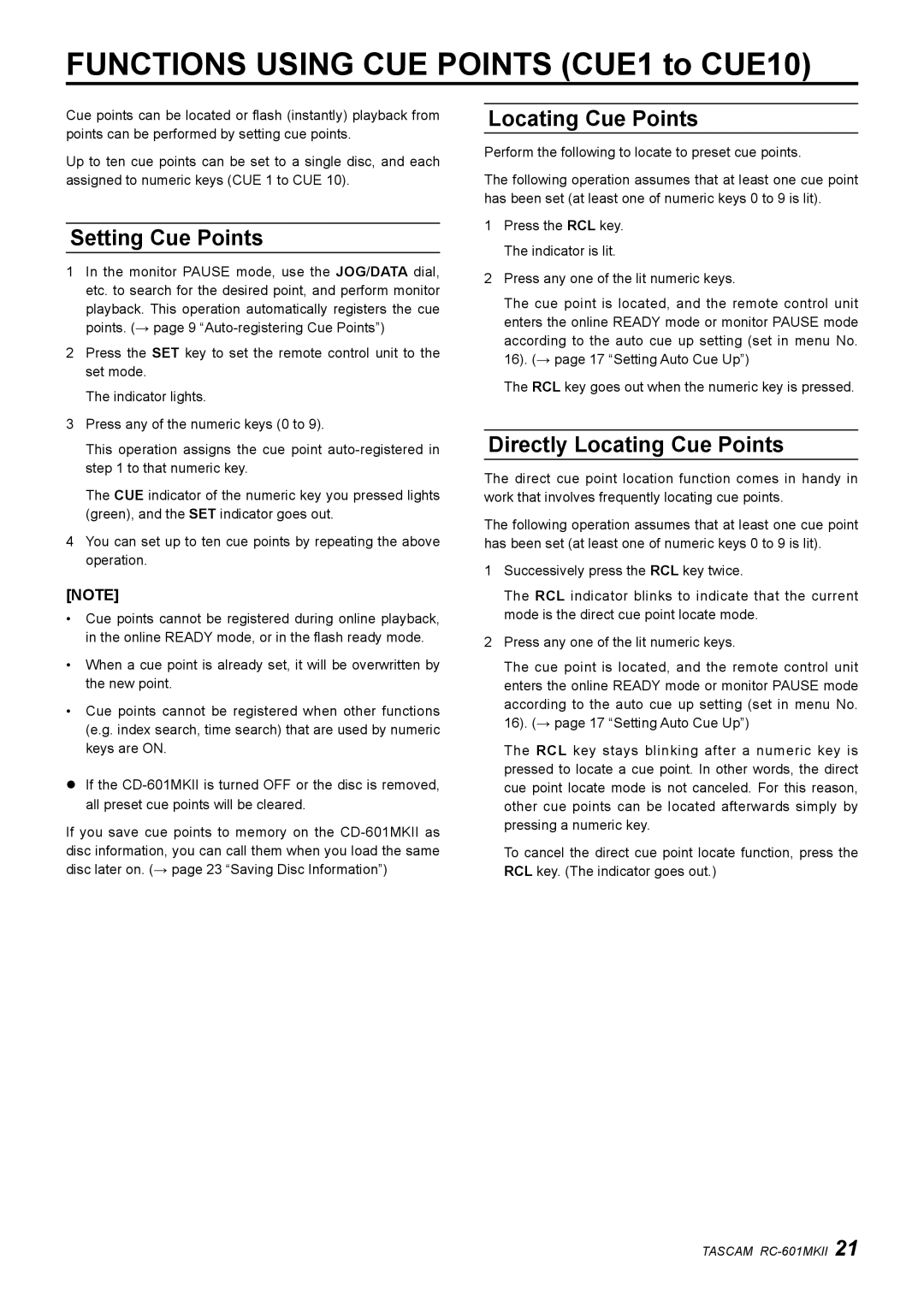 Tascam RC-601mkII owner manual Setting Cue Points, Directly Locating Cue Points 