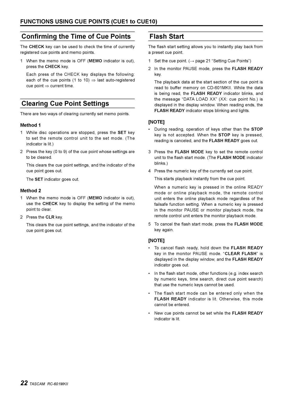 Tascam RC-601mkII owner manual Confirming the Time of Cue Points, Clearing Cue Point Settings, Flash Start 