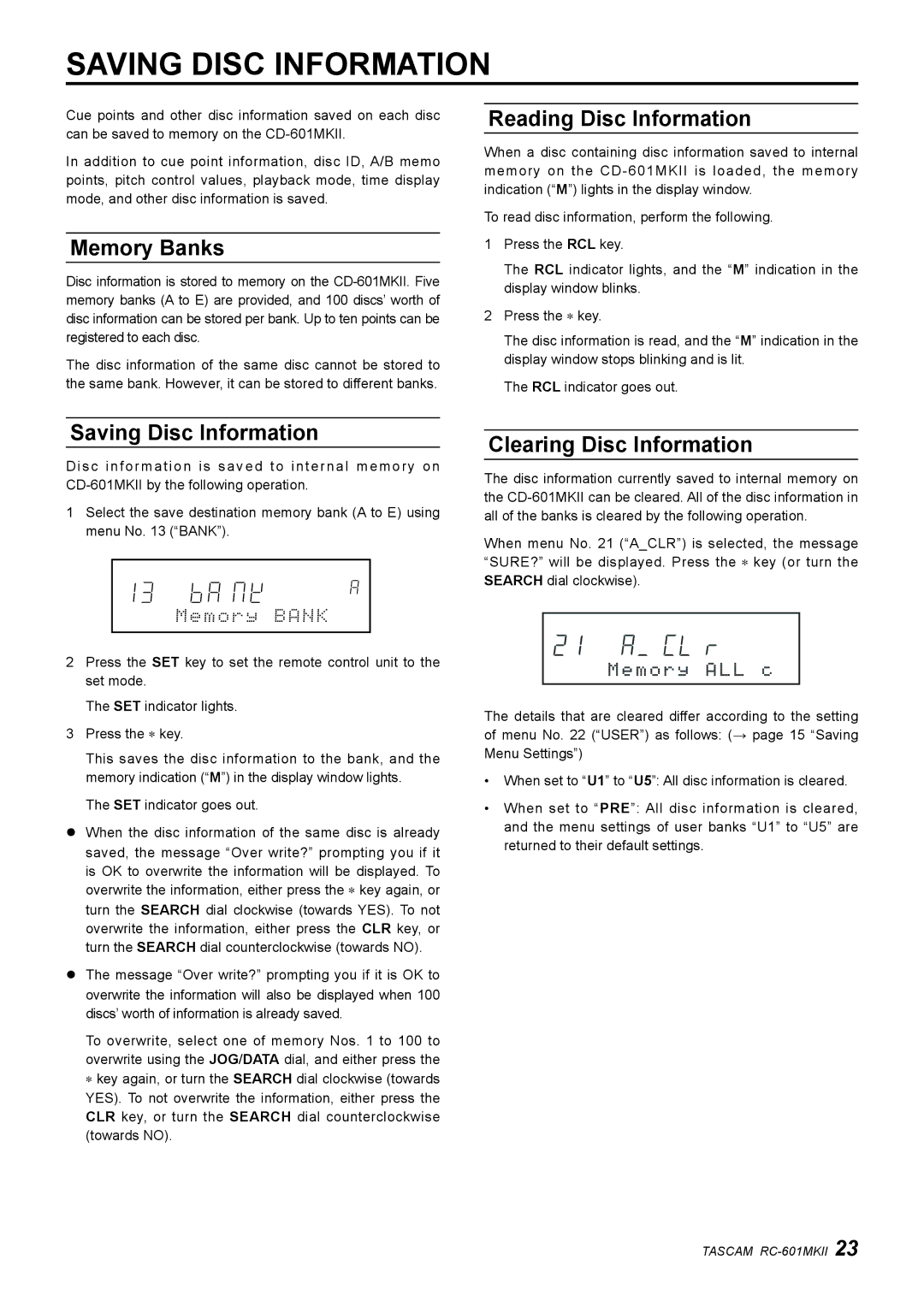 Tascam RC-601mkII owner manual Saving Disc Information, Memory Banks, Reading Disc Information, Clearing Disc Information 