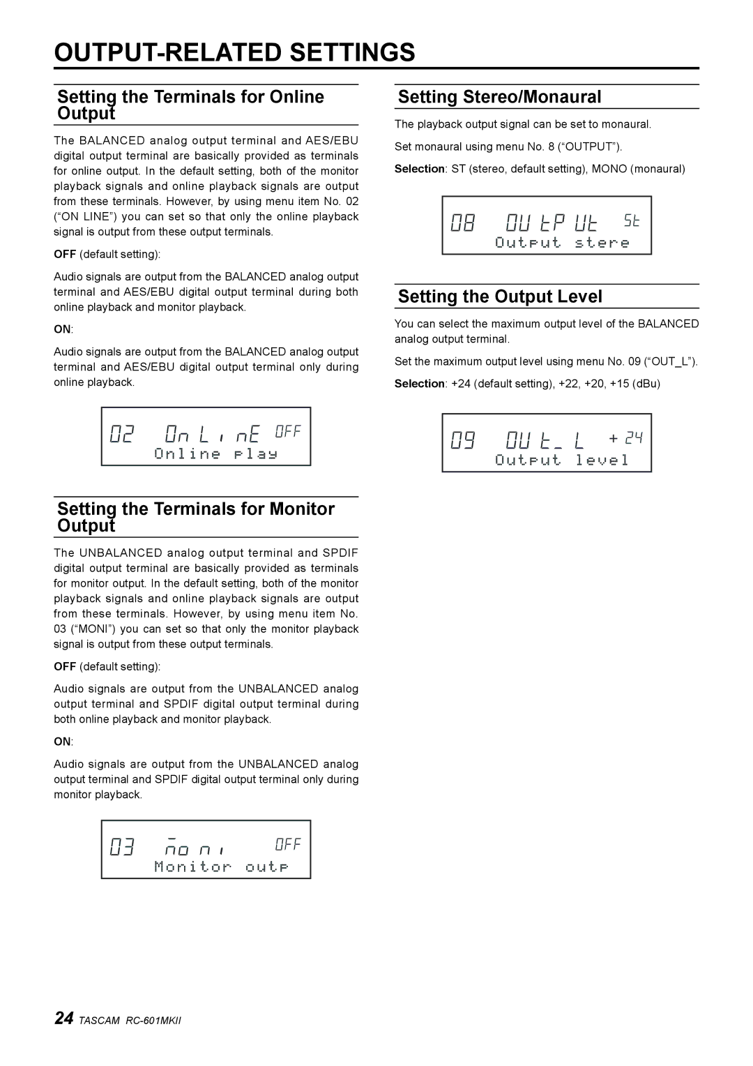 Tascam RC-601mkII owner manual OUTPUT-RELATED Settings, Setting the Terminals for Online Output, Setting Stereo/Monaural 