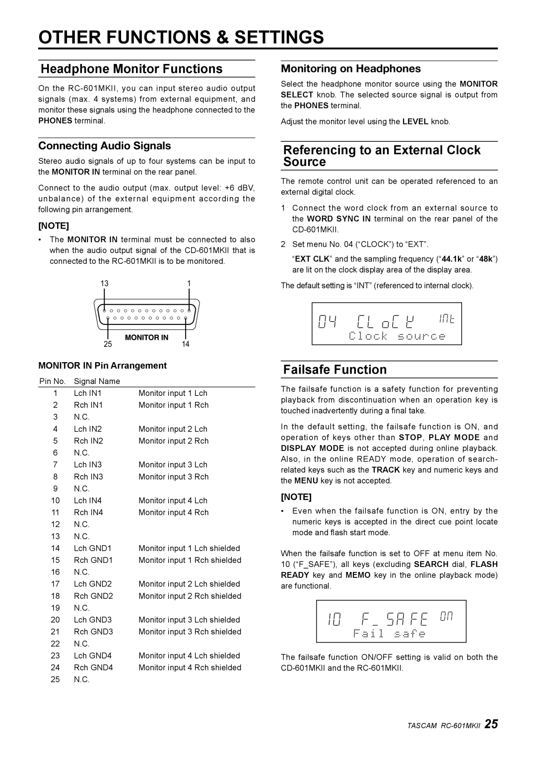 Tascam RC-601mkII Other Functions & Settings, Headphone Monitor Functions, Referencing to an External Clock Source 