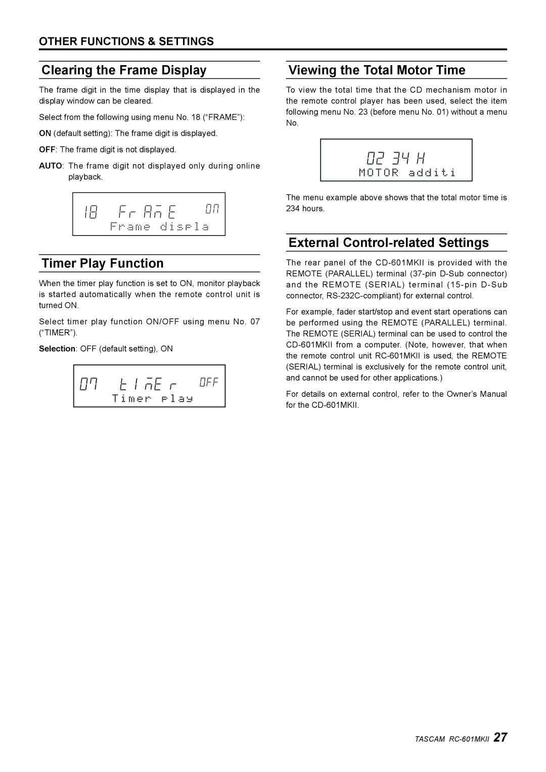 Tascam RC-601mkII owner manual Clearing the Frame Display, Viewing the Total Motor Time, Timer Play Function 