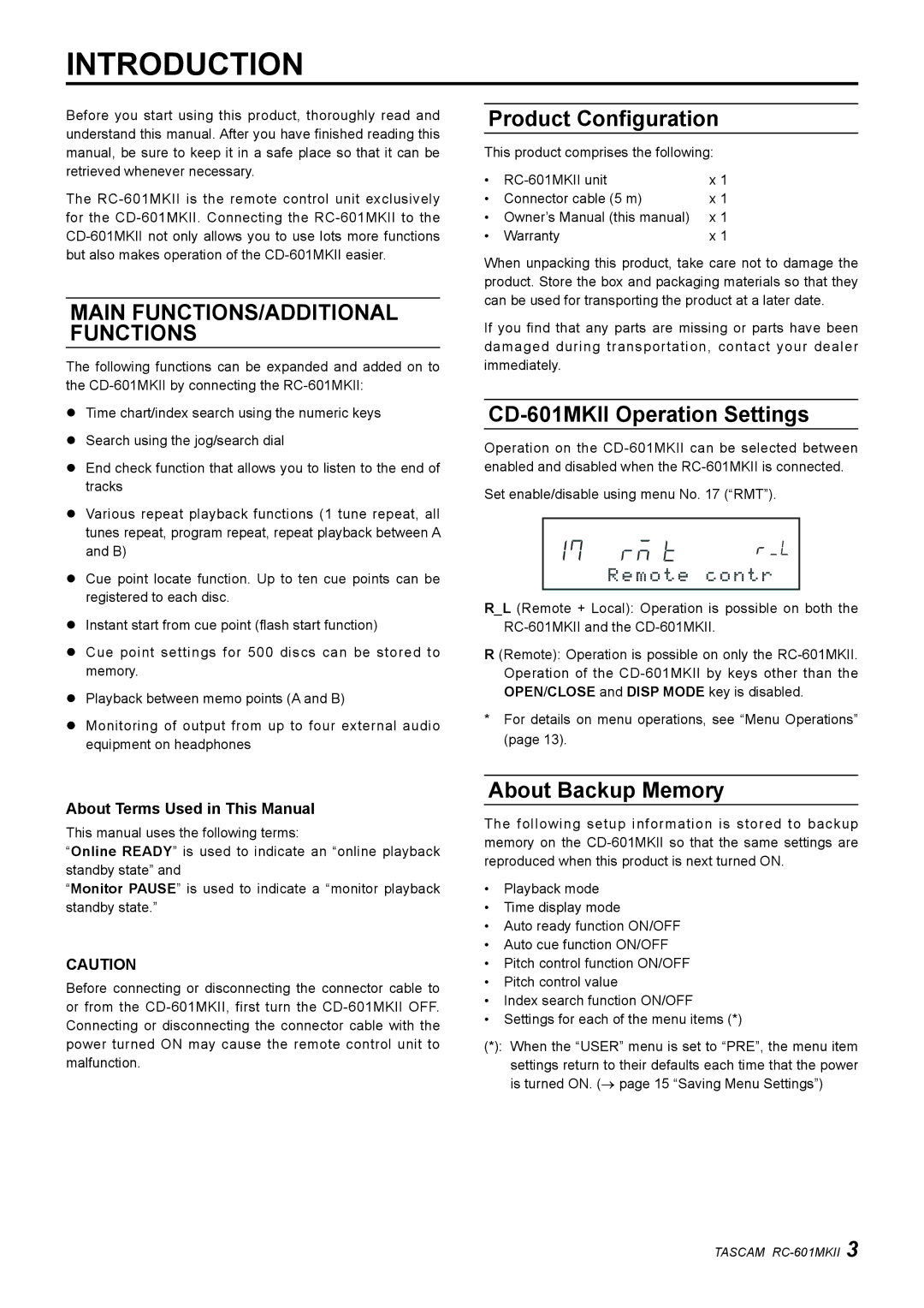 Tascam RC-601mkII owner manual Introduction, Product Configuration, CD-601MKII Operation Settings, About Backup Memory 