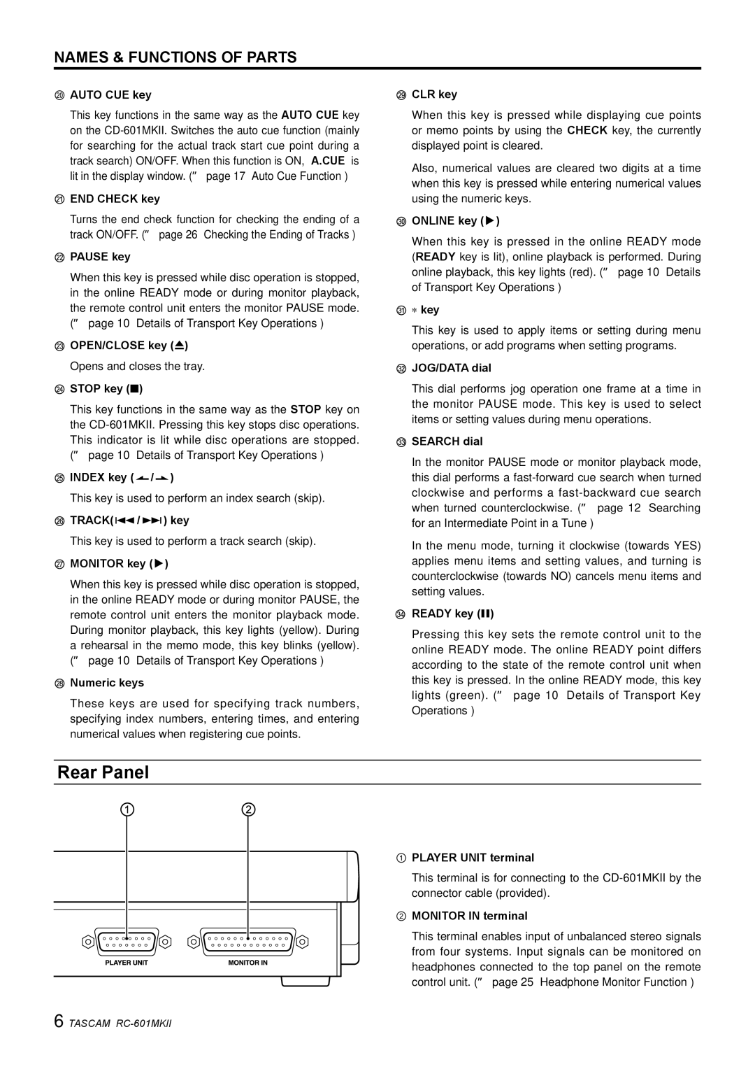 Tascam RC-601mkII owner manual Rear Panel 