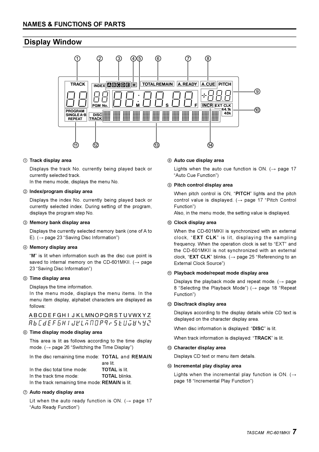 Tascam RC-601mkII owner manual Display Window 