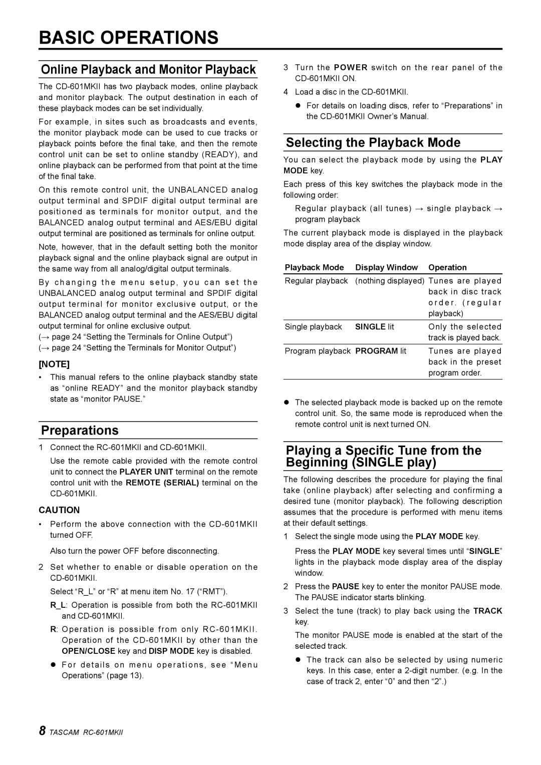 Tascam RC-601mkII owner manual Basic Operations, Preparations, Selecting the Playback Mode 