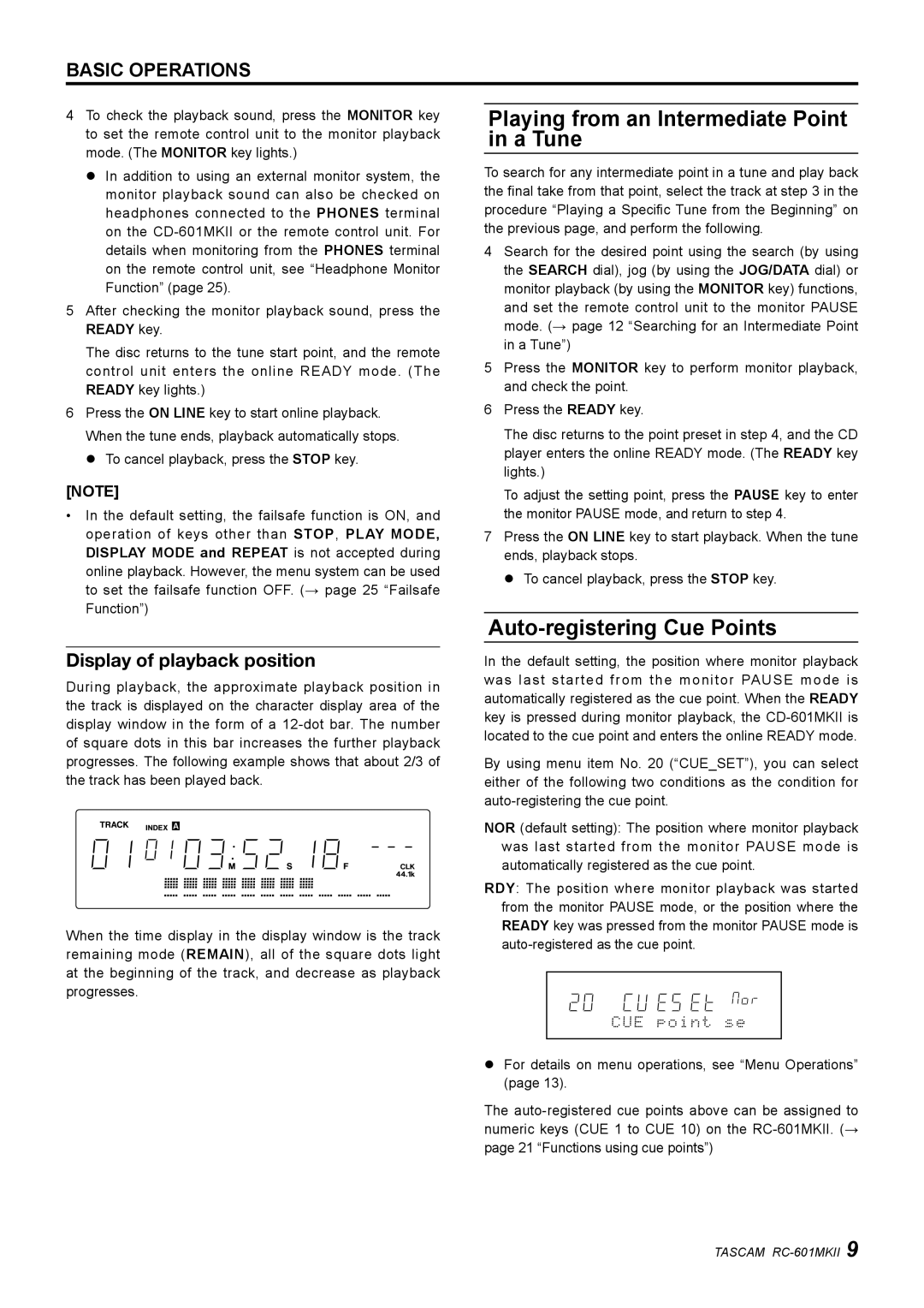 Tascam RC-601mkII Playing from an Intermediate Point in a Tune, Auto-registering Cue Points, Display of playback position 