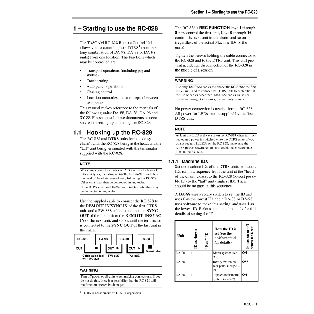 Tascam warranty Starting to use the RC-828, Hooking up the RC-828, Machine IDs 