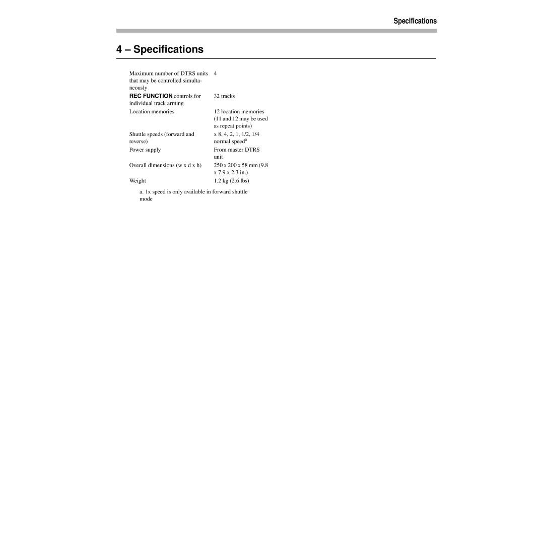 Tascam RC-828 warranty Speciﬁcations, Specifications 