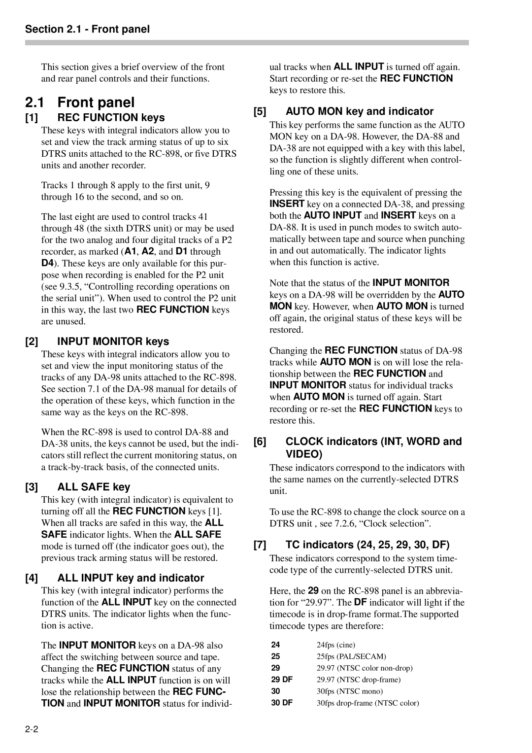 Tascam RC-898 owner manual Front panel 