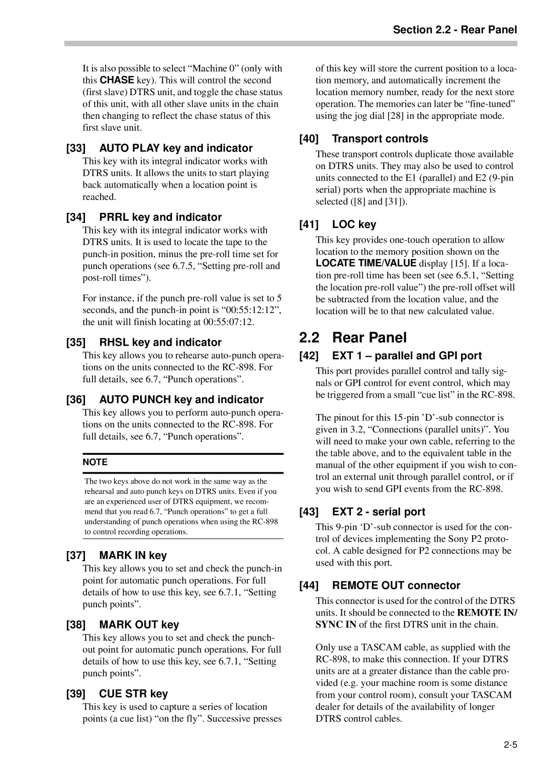 Tascam RC-898 owner manual Rear Panel 