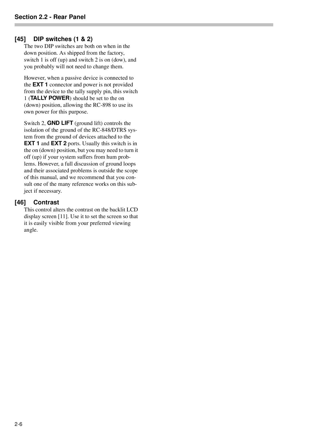 Tascam RC-898 owner manual Rear Panel DIP switches 1, Contrast 
