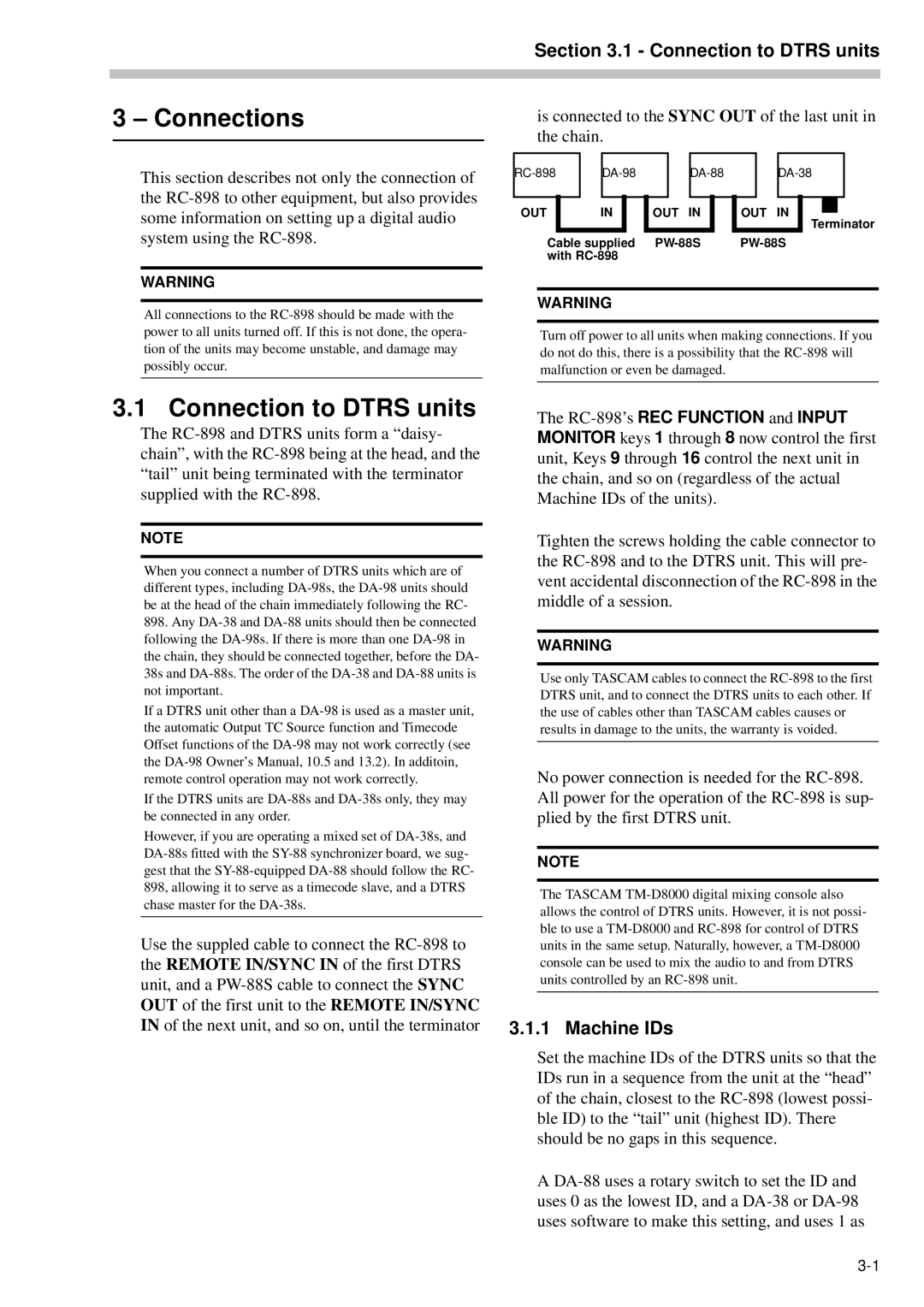 Tascam RC-898 owner manual Connections, Connection to Dtrs units, Machine IDs 