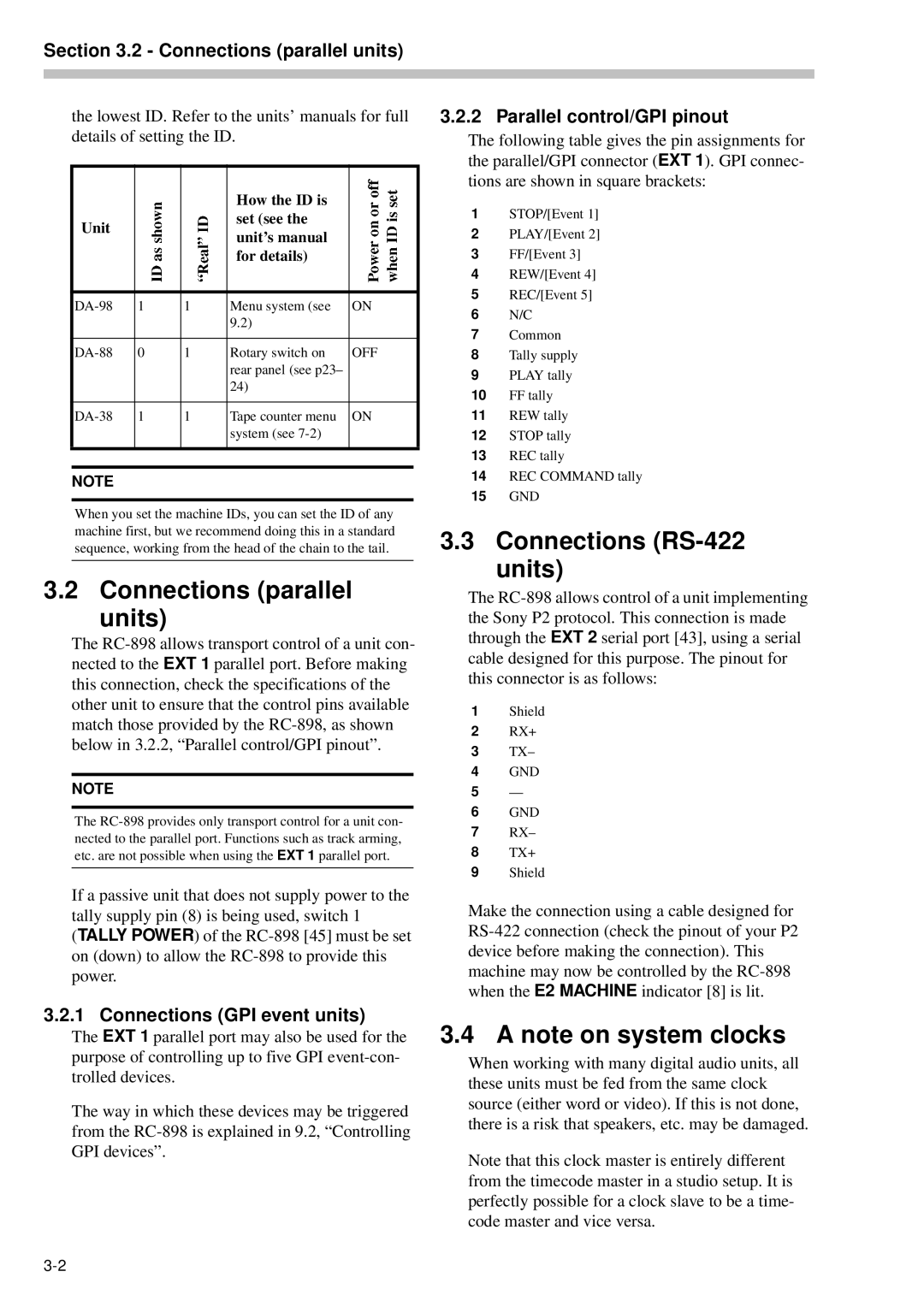 Tascam RC-898 owner manual Connections parallel units, Connections RS-422 Units, Connections GPI event units 