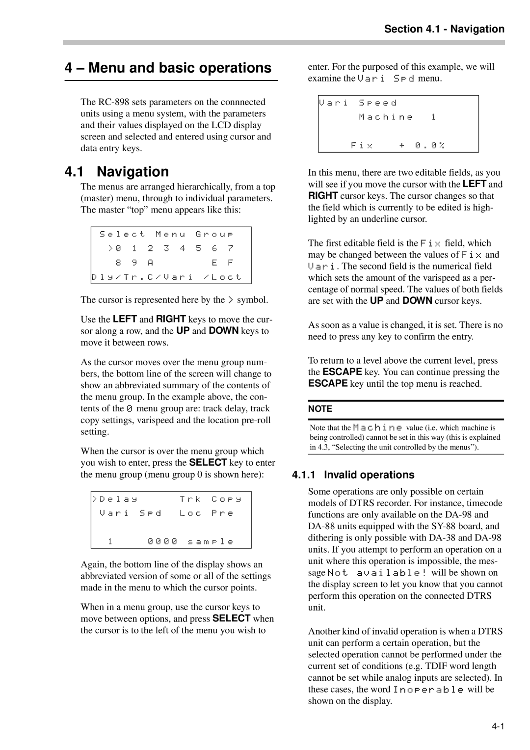 Tascam RC-898 owner manual Menu and basic operations, Navigation, Invalid operations 