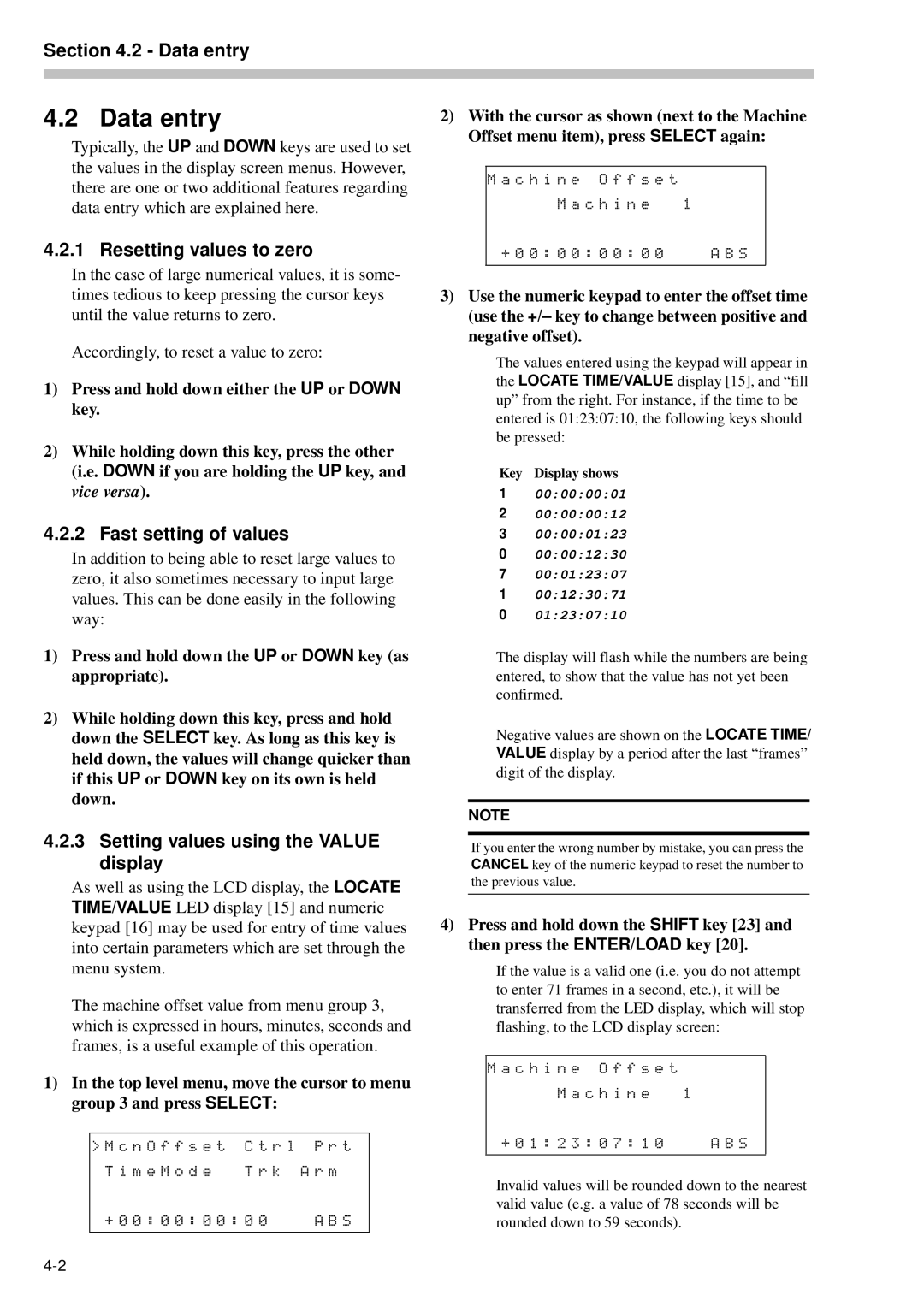 Tascam RC-898 Data entry, Resetting values to zero, Fast setting of values, Setting values using the Value display 