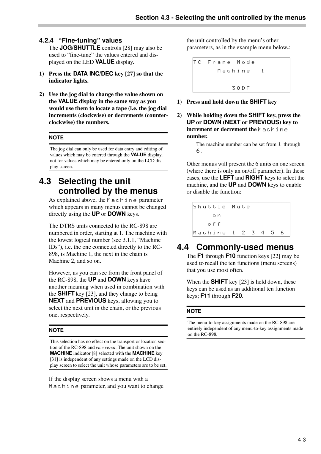 Tascam RC-898 owner manual Selecting the unit controlled by the menus, Commonly-used menus 