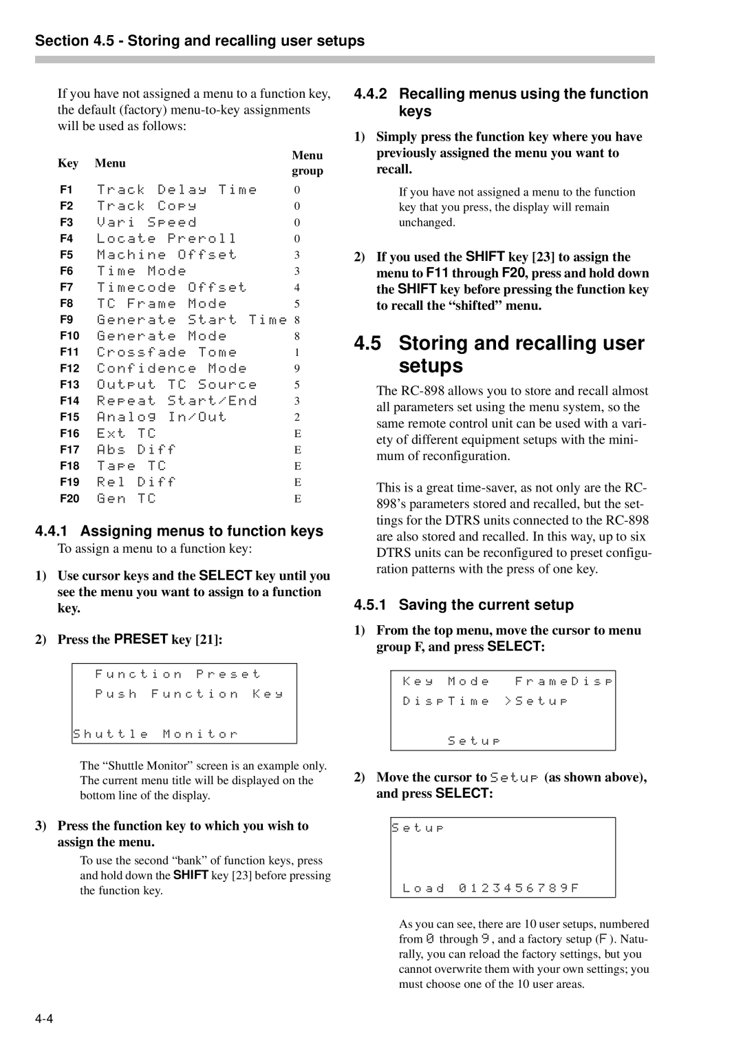 Tascam RC-898 Storing and recalling user setups, Assigning menus to function keys, Recalling menus using the function keys 