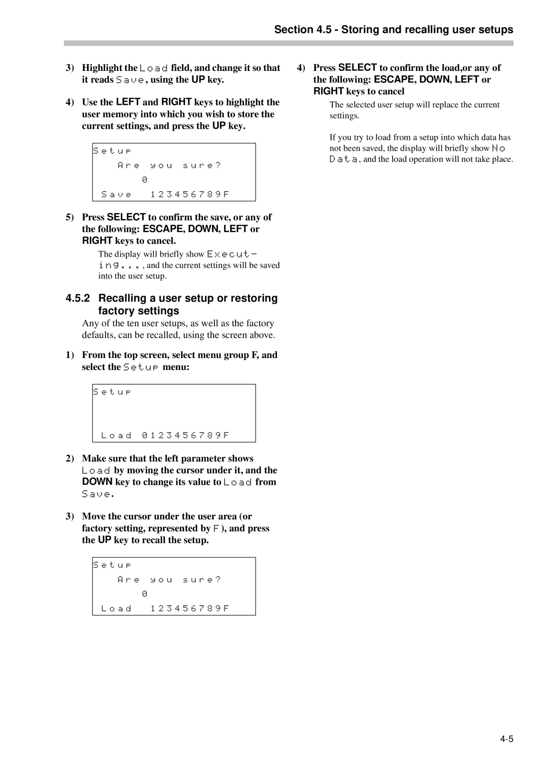 Tascam RC-898 owner manual Recalling a user setup or restoring factory settings 