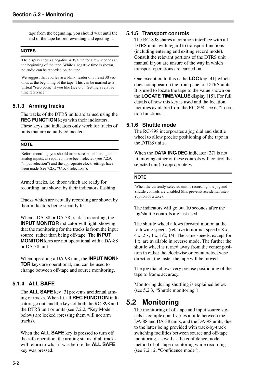 Tascam RC-898 owner manual Monitoring, Arming tracks, ALL Safe, Shuttle mode 