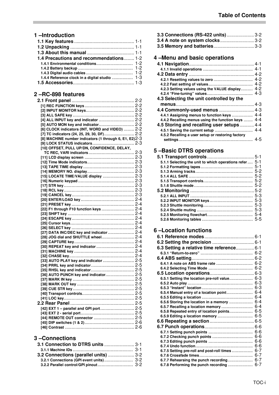 Tascam Table of Contents Introduction, RC-898 features, Connections, Menu and basic operations, Basic Dtrs operations 