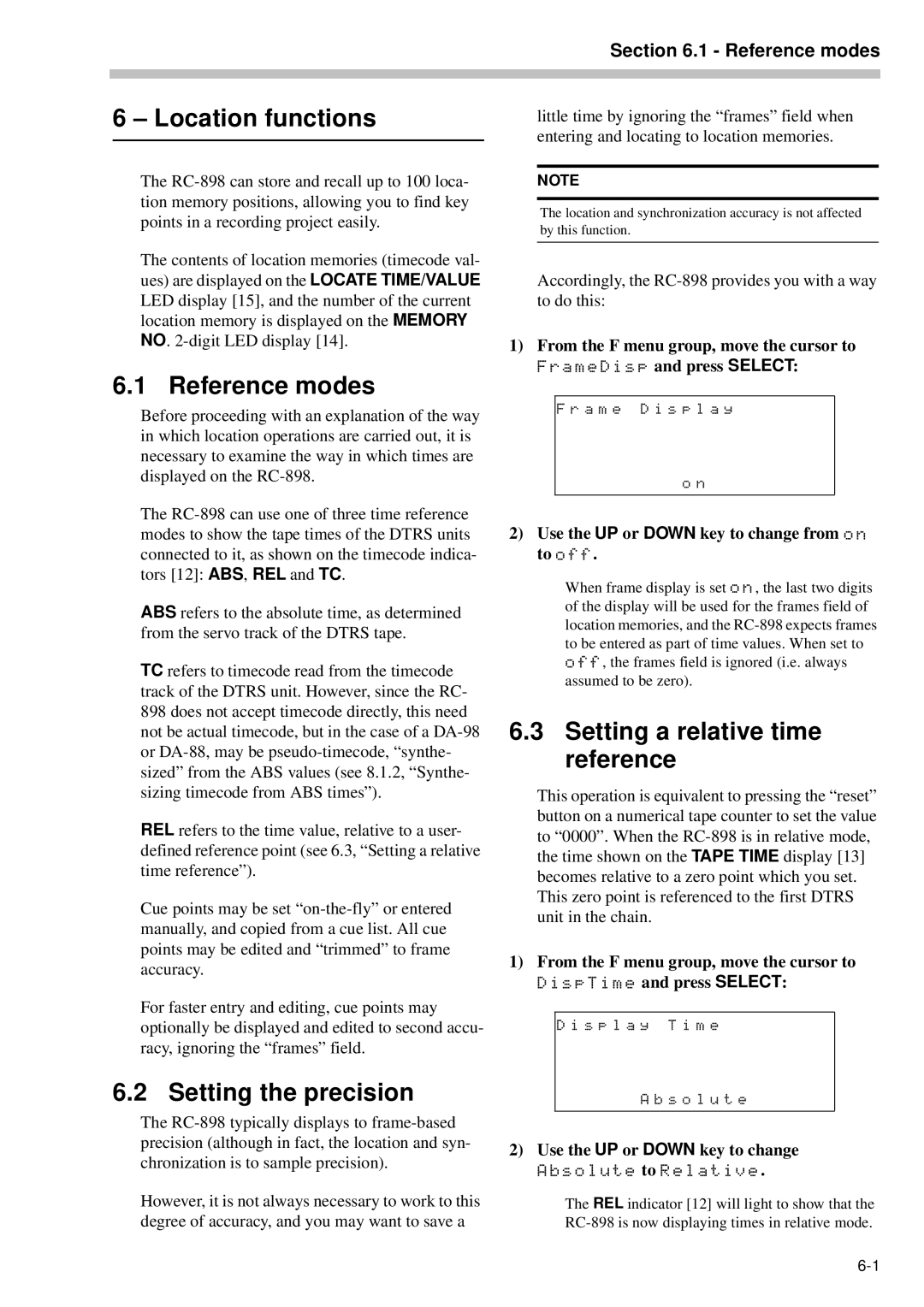 Tascam RC-898 owner manual Location functions, Reference modes, Setting the precision, Setting a relative time reference 