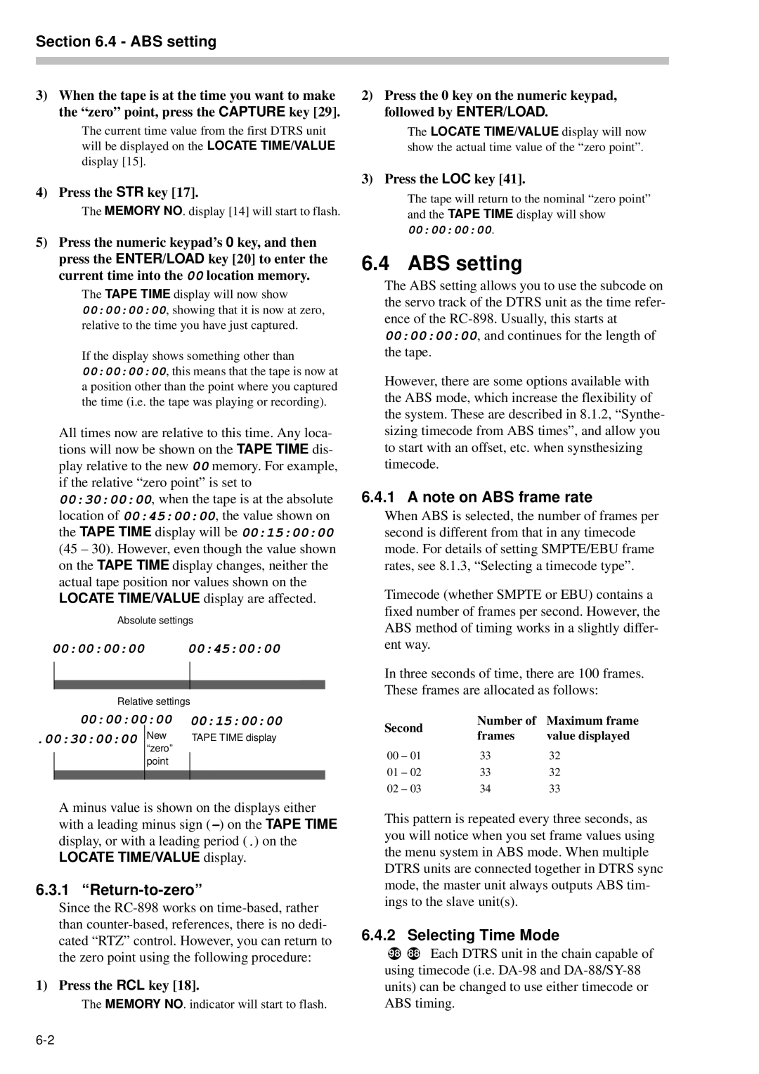 Tascam RC-898 owner manual ABS setting, Return-to-zero, Selecting Time Mode 