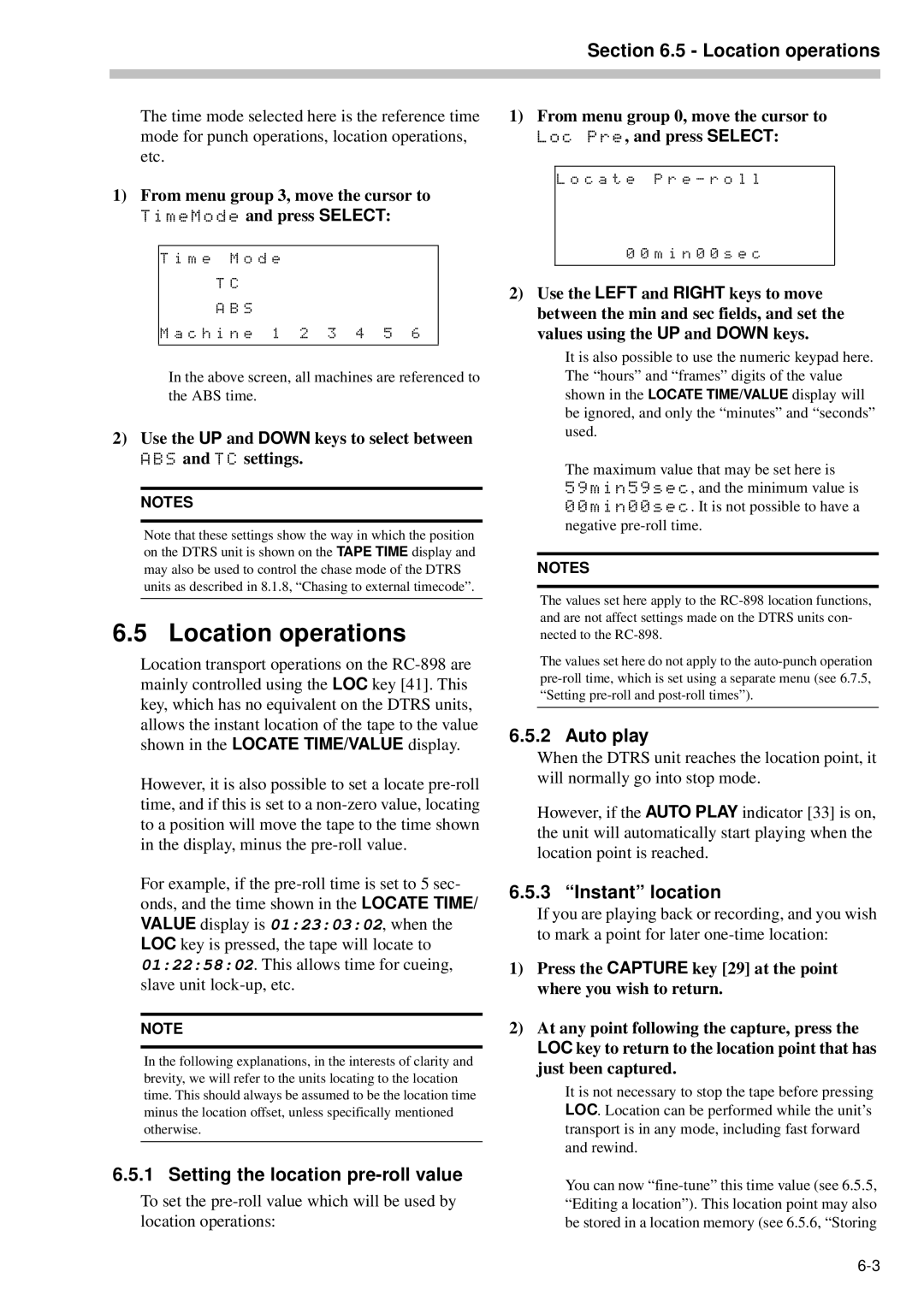 Tascam RC-898 owner manual Location operations, Setting the location pre-roll value, Auto play, Instant location 