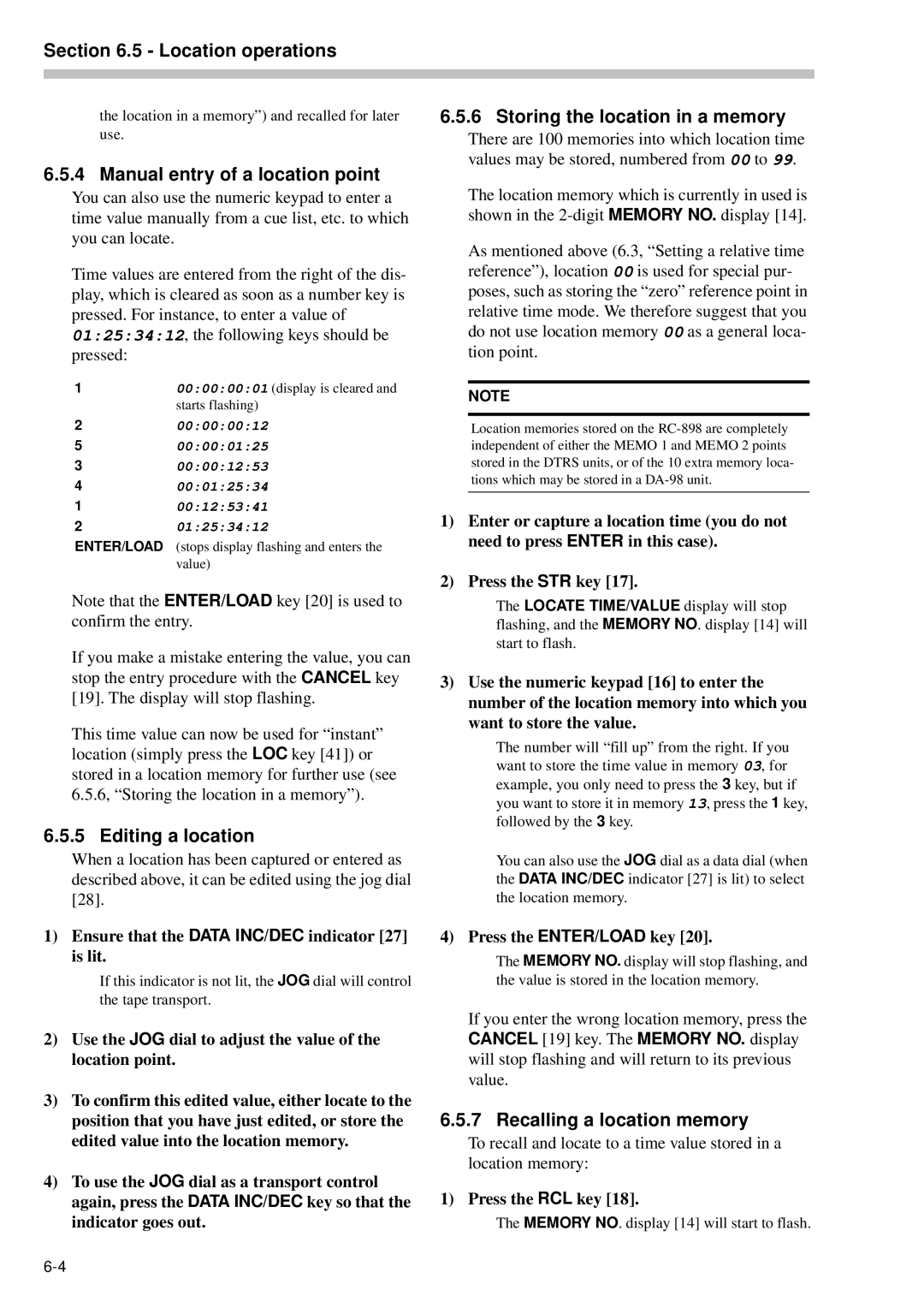 Tascam RC-898 owner manual Manual entry of a location point, Editing a location, Storing the location in a memory 