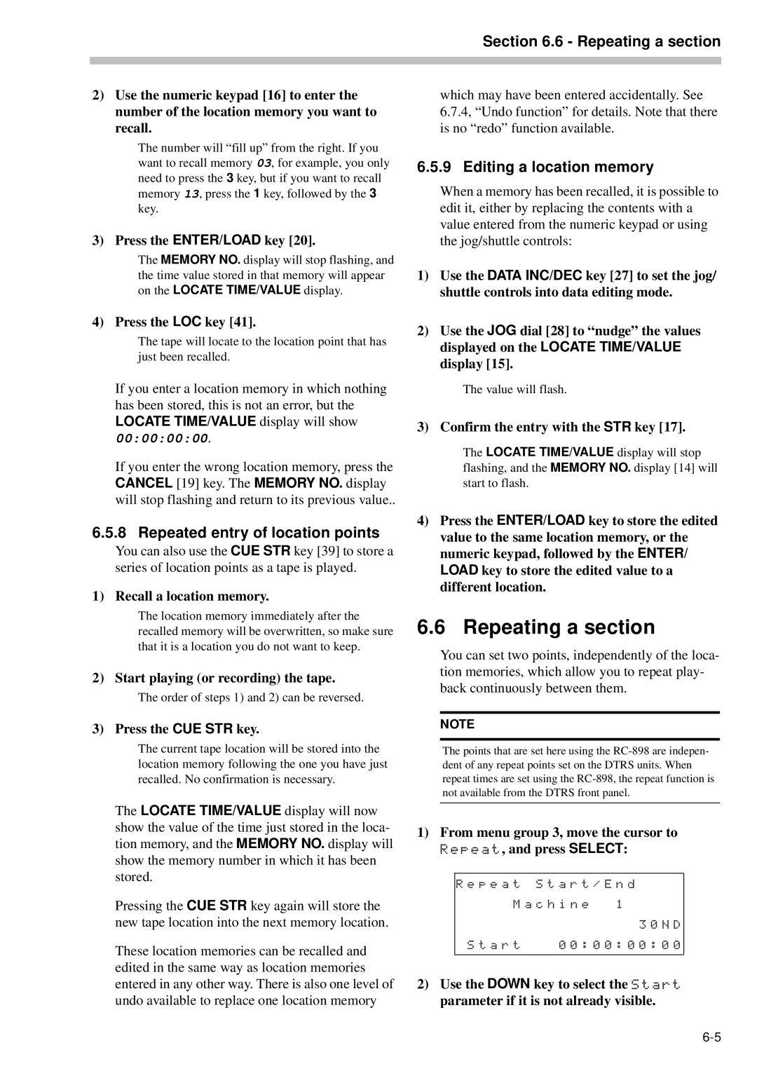 Tascam RC-898 owner manual Repeating a section, Repeated entry of location points, Editing a location memory 