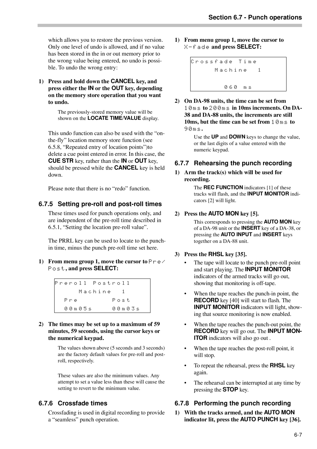 Tascam RC-898 owner manual Setting pre-roll and post-roll times, Rehearsing the punch recording 