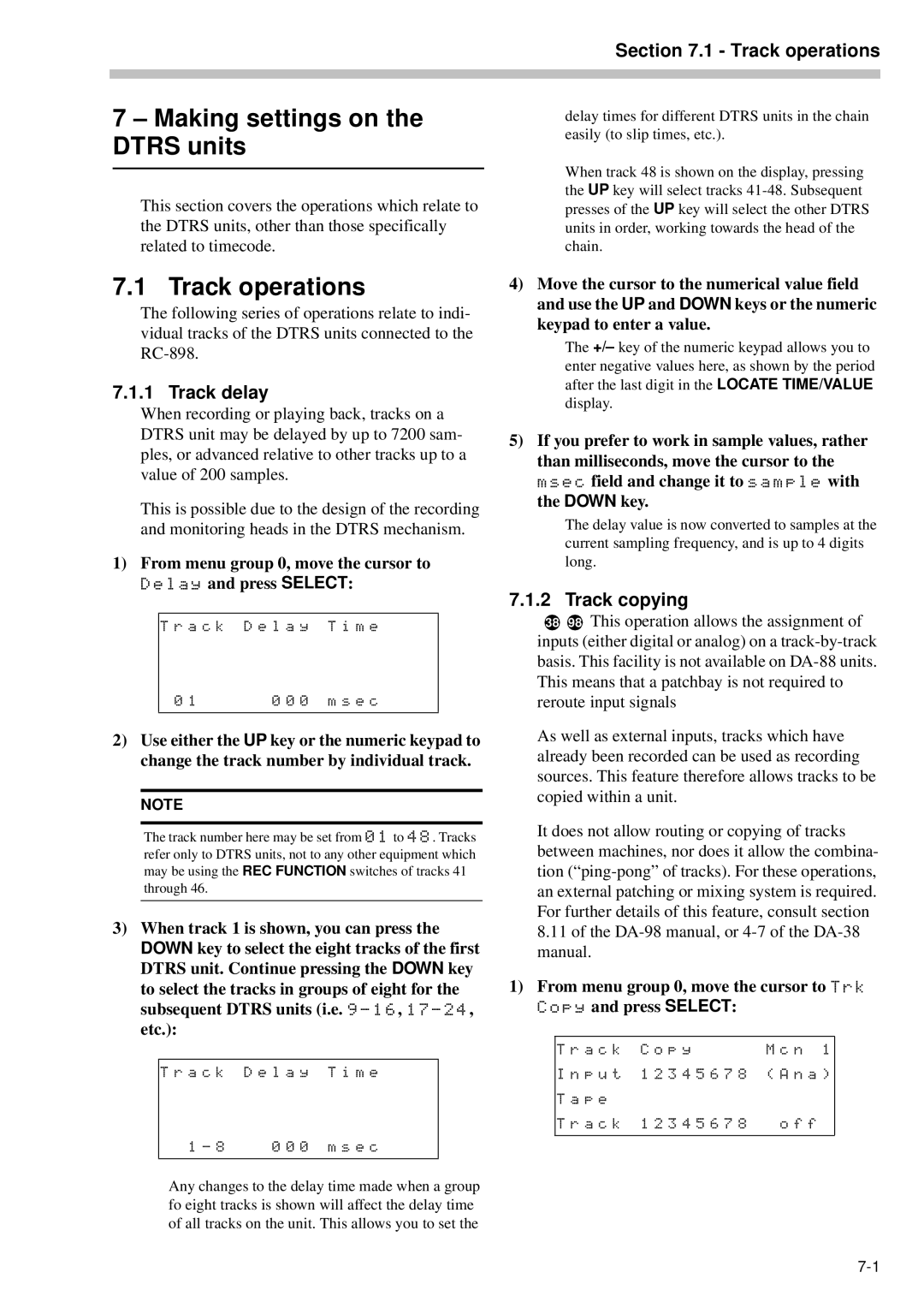 Tascam RC-898 owner manual Making settings on the Dtrs units, Track operations, Track delay, Track copying 