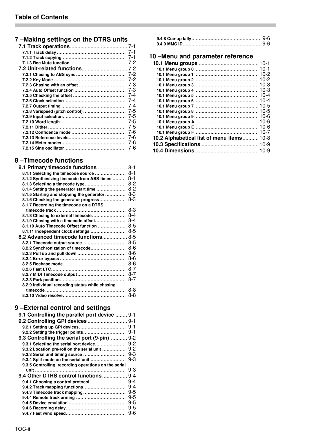 Tascam RC-898 Table of Contents Making settings on the Dtrs units, Timecode functions, External control and settings 