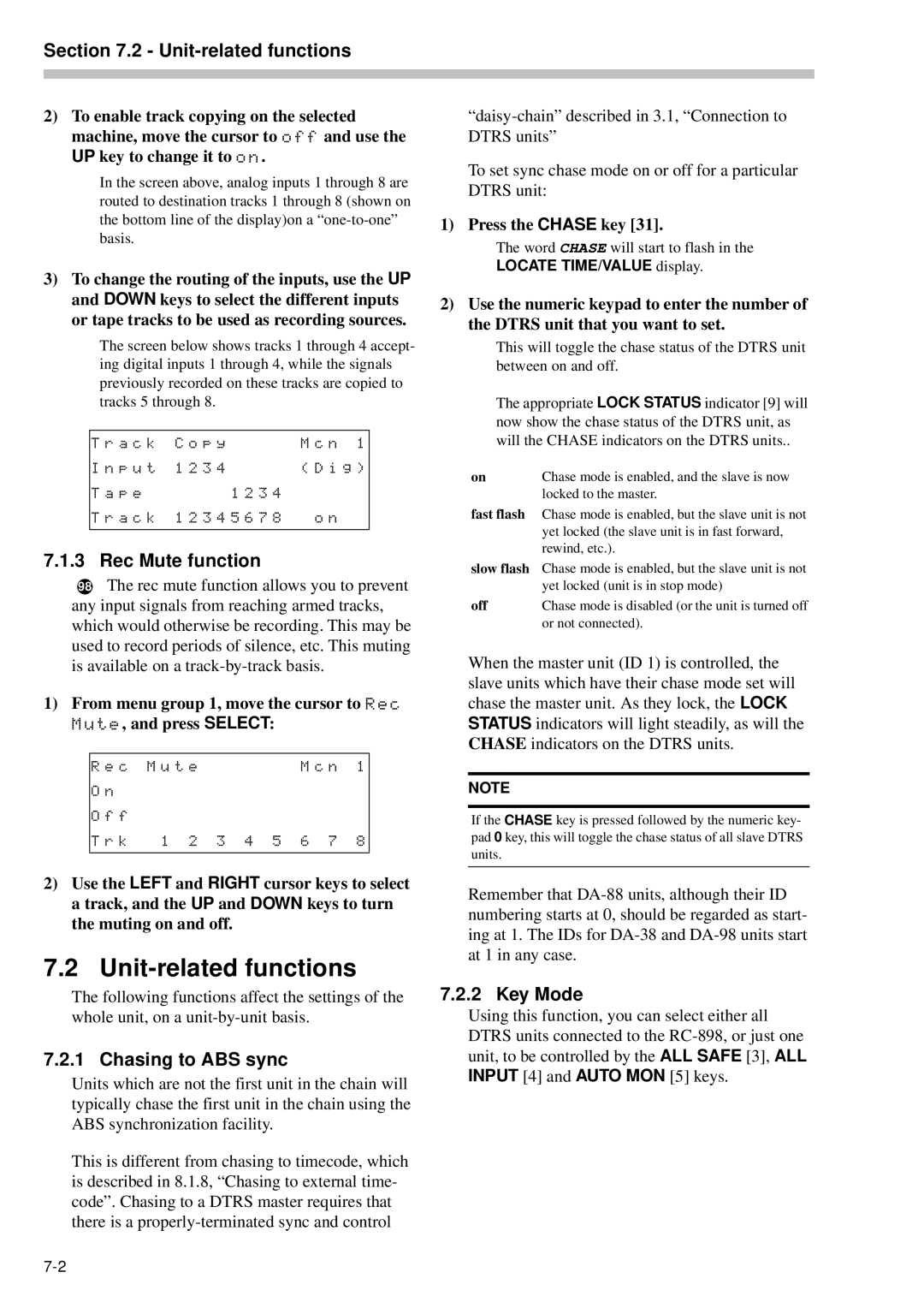 Tascam RC-898 owner manual Unit-related functions, Rec Mute function, Chasing to ABS sync, Key Mode 