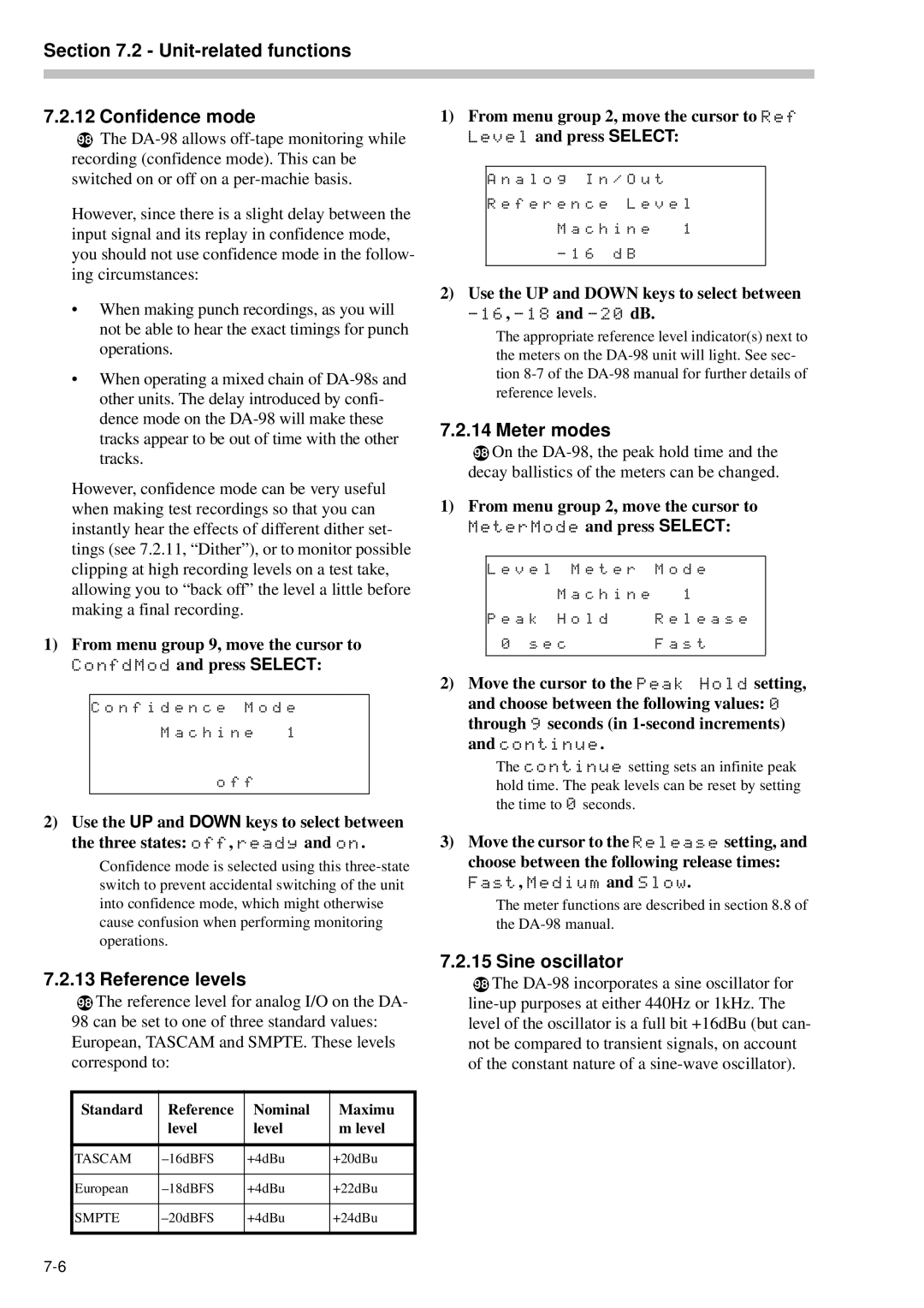Tascam RC-898 owner manual Unit-related functions Confidence mode, Reference levels, Meter modes, Sine oscillator 