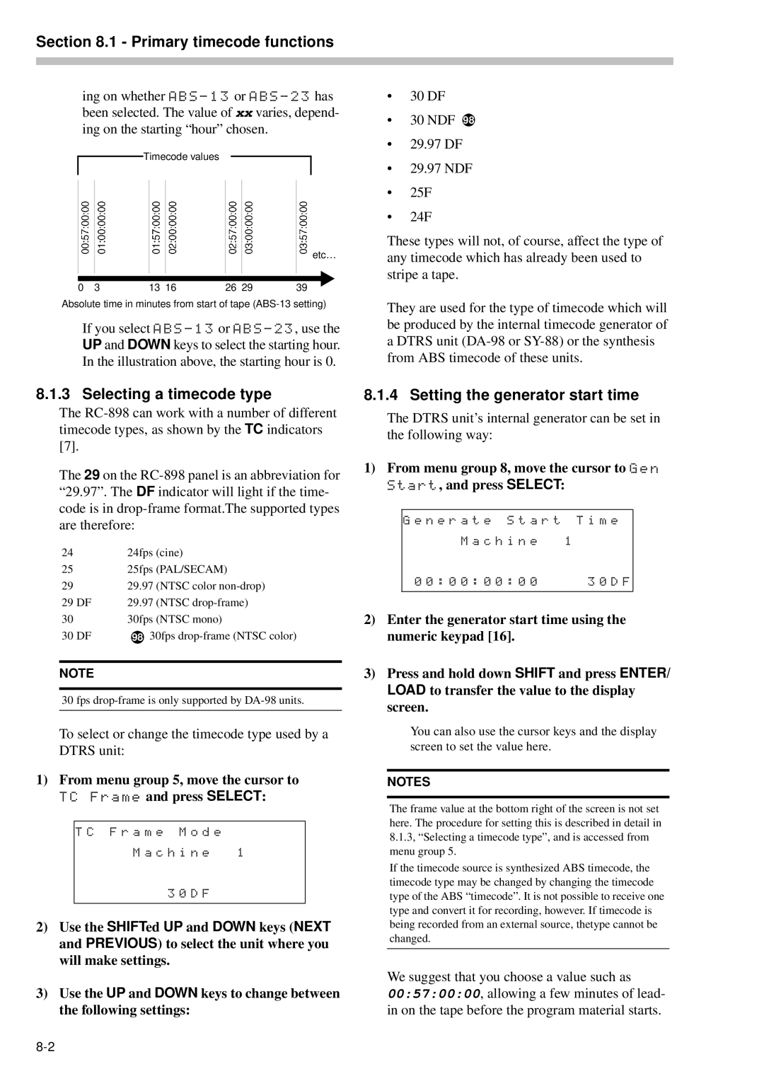 Tascam RC-898 owner manual Selecting a timecode type, Setting the generator start time 