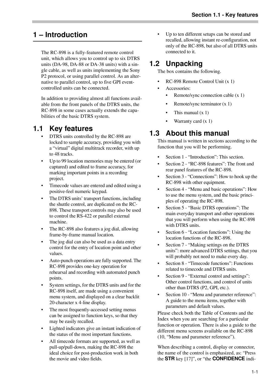 Tascam RC-898 owner manual Introduction, Key features, Unpacking, About this manual 