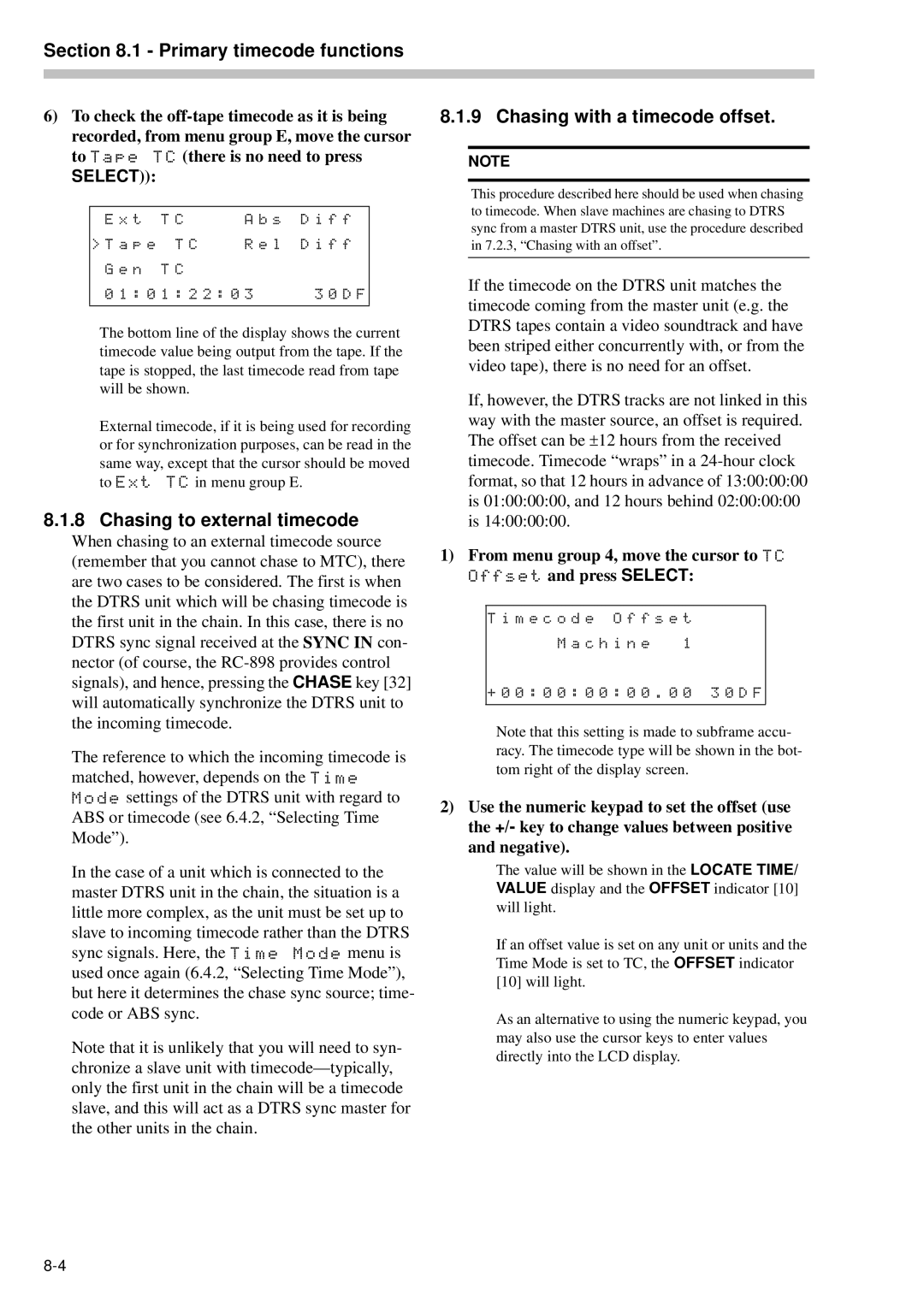 Tascam RC-898 owner manual Chasing to external timecode, Chasing with a timecode offset 