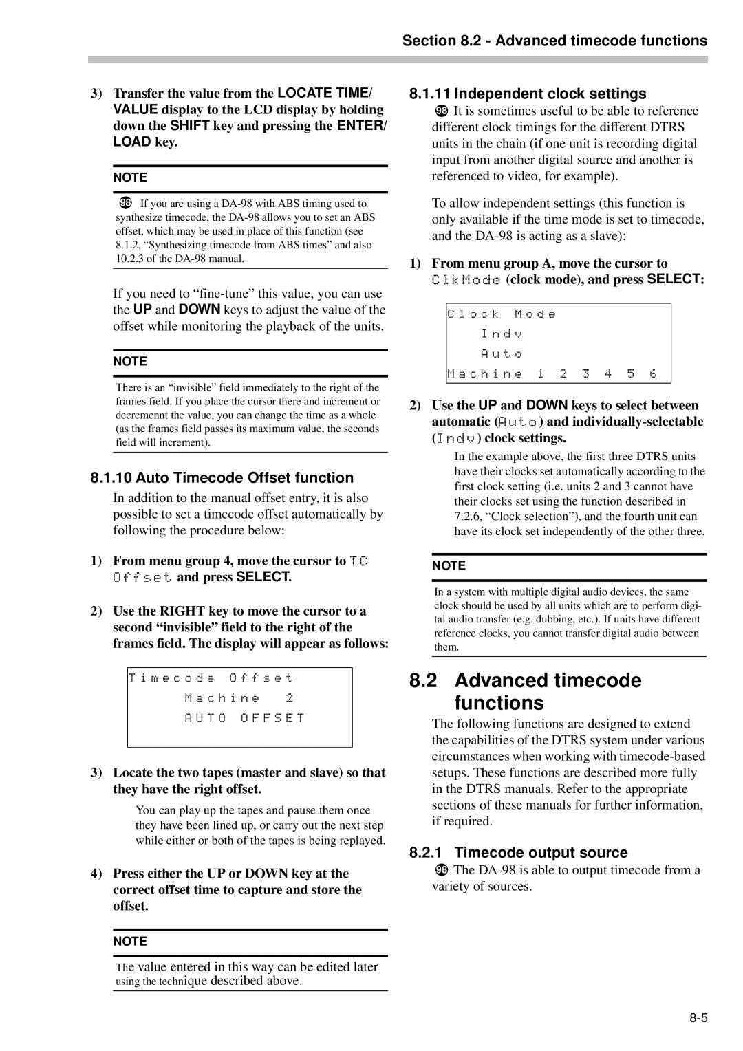 Tascam RC-898 owner manual Advanced timecode functions, Auto Timecode Offset function, Independent clock settings 