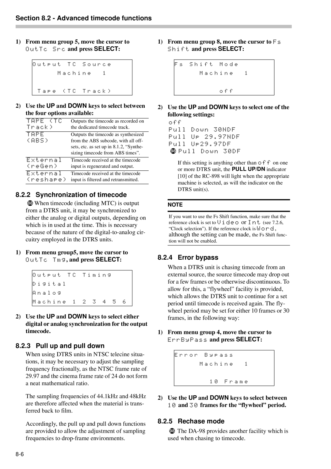 Tascam RC-898 owner manual Synchronization of timecode, Pull up and pull down, Error bypass, Rechase mode 