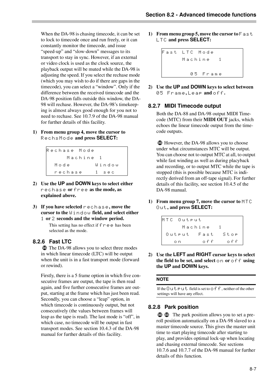 Tascam RC-898 owner manual Fast LTC, Midi Timecode output, Park position 