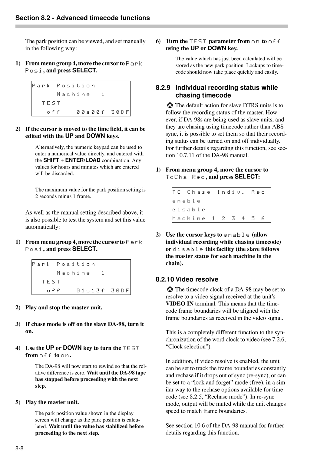 Tascam RC-898 owner manual Individual recording status while chasing timecode, Video resolve, Play the master unit 