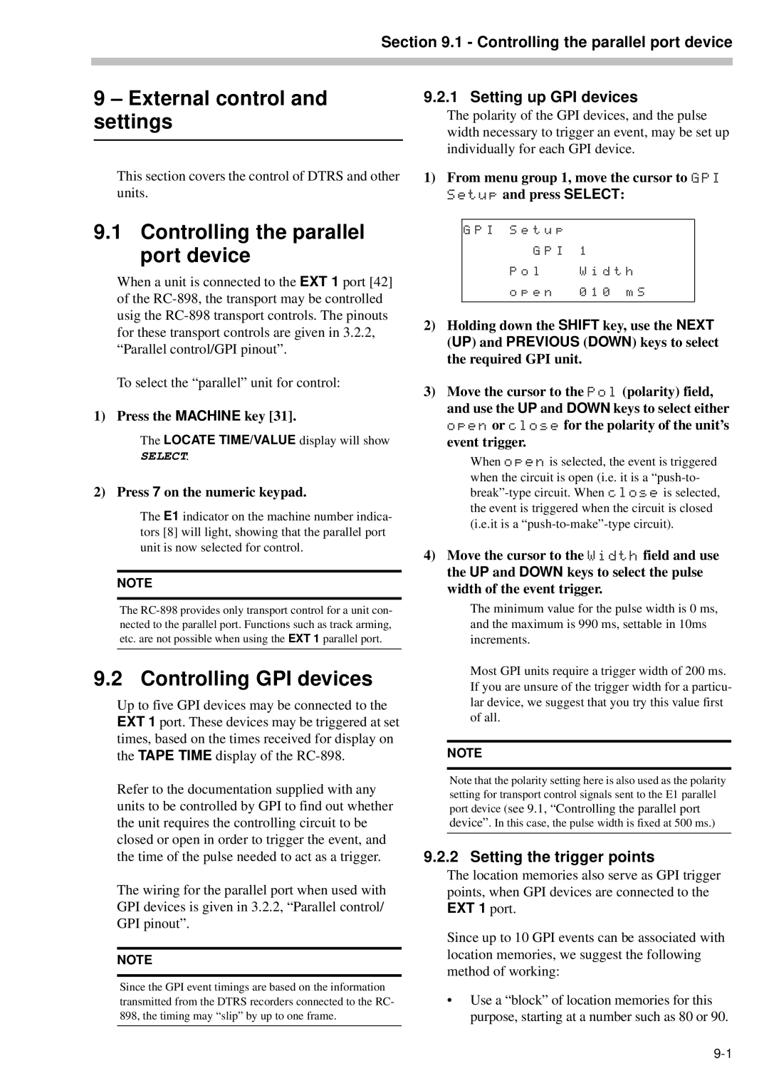 Tascam RC-898 owner manual External control and settings, Controlling the parallel port device, Controlling GPI devices 