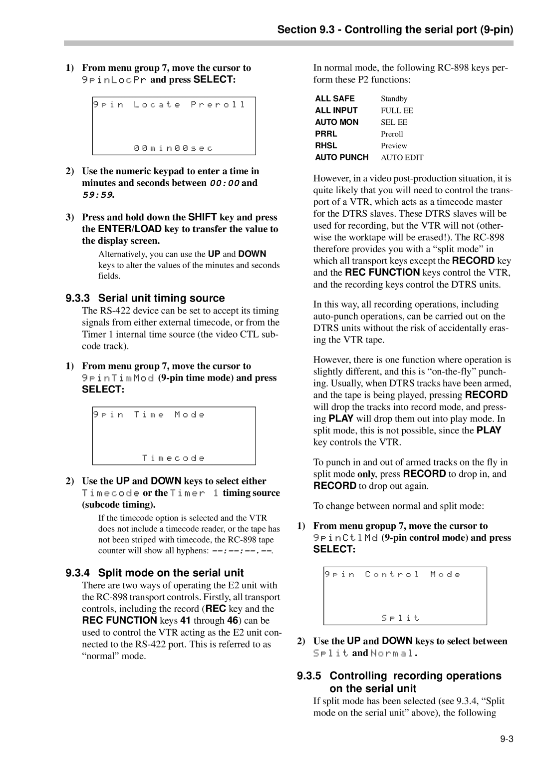 Tascam RC-898 owner manual Serial unit timing source, Split mode on the serial unit 