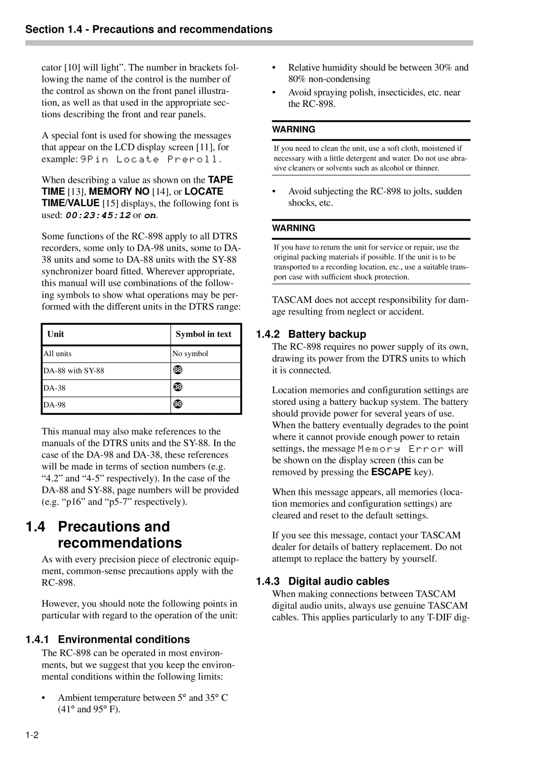 Tascam RC-898 owner manual Precautions and recommendations, Battery backup, Digital audio cables, Environmental conditions 