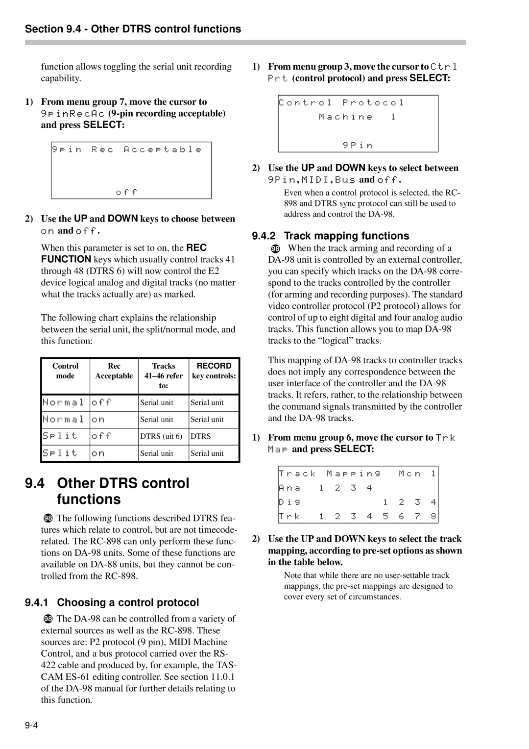 Tascam RC-898 owner manual Other Dtrs control functions, Choosing a control protocol, Track mapping functions 