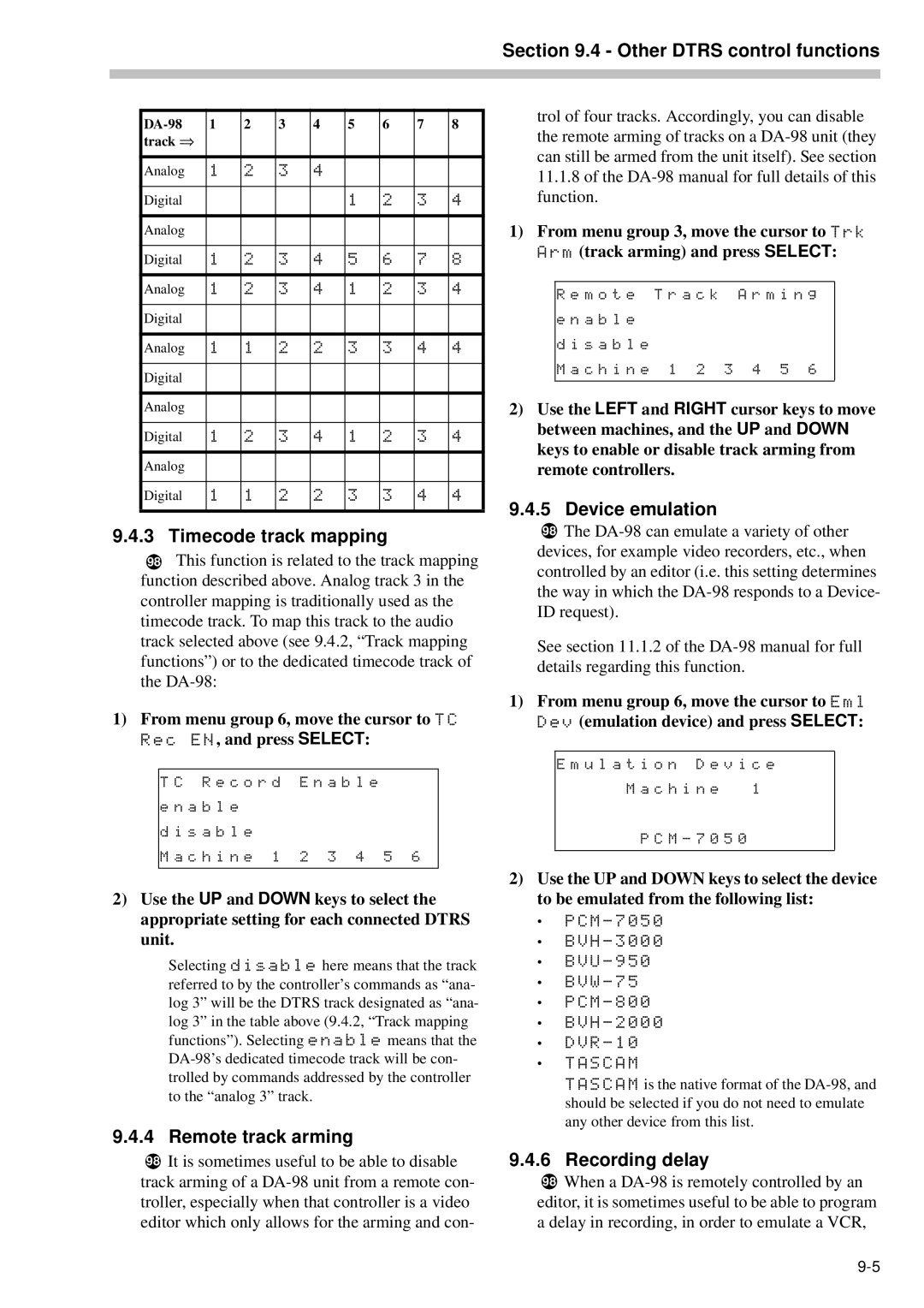 Tascam RC-898 owner manual Timecode track mapping, Remote track arming, Device emulation, Recording delay 
