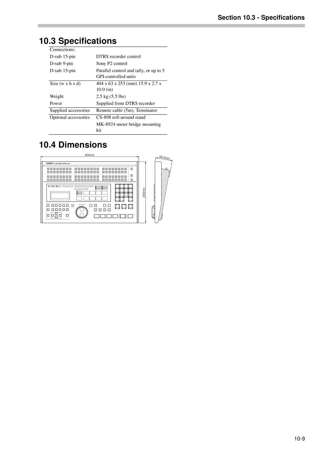 Tascam RC-898 owner manual Specifications, Dimensions 