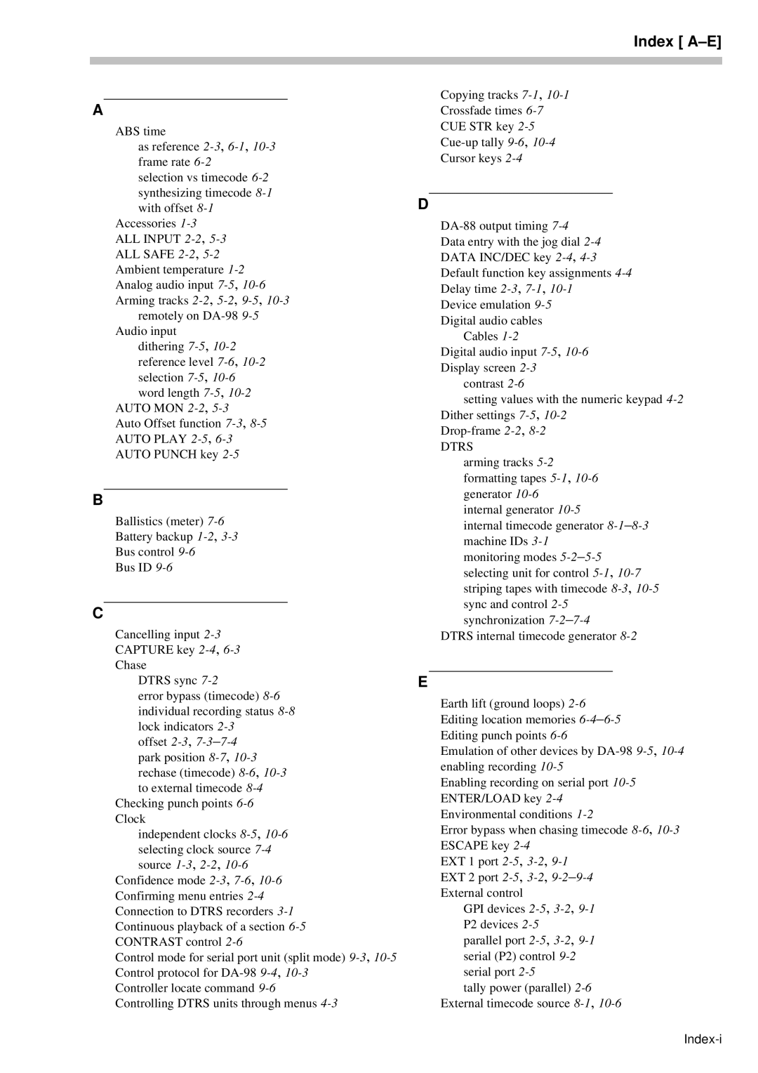 Tascam RC-898 owner manual Index A-E, Dtrs 