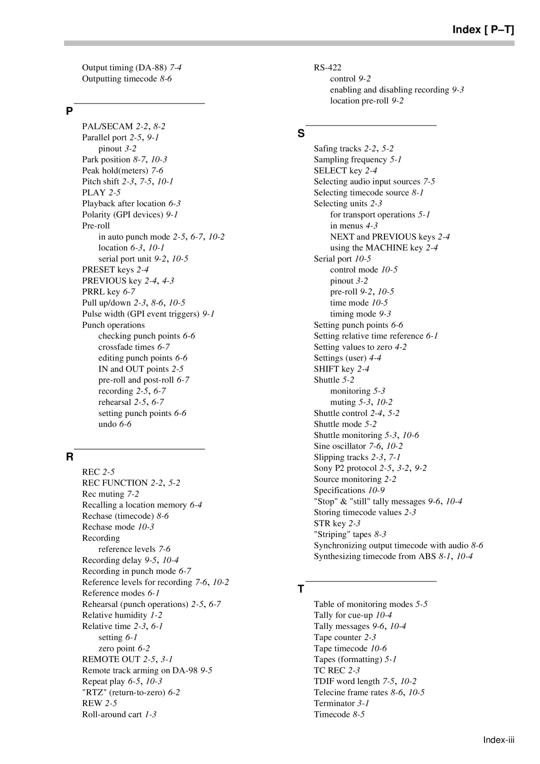 Tascam RC-898 owner manual Index P-T 